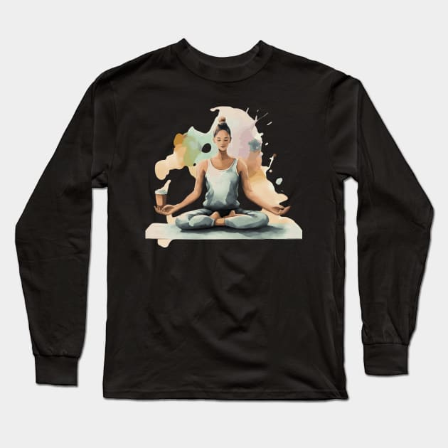 Sip, stretch, and savor the moment: yoga with a side of coffee: Yoga and Coffee Long Sleeve T-Shirt by ATTO'S GALLERY